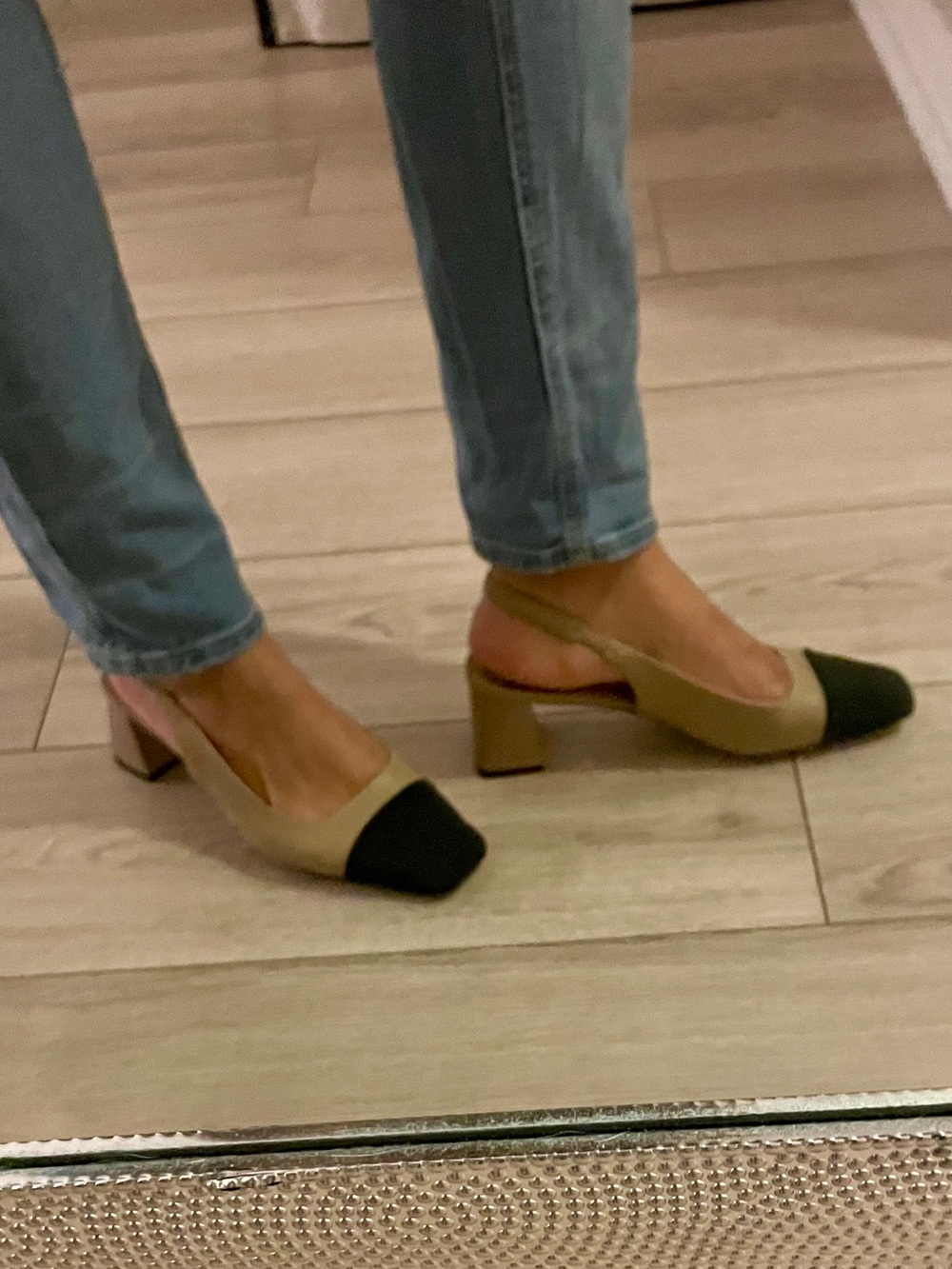 Two-Tone Beige and Black Slingback Block Heels